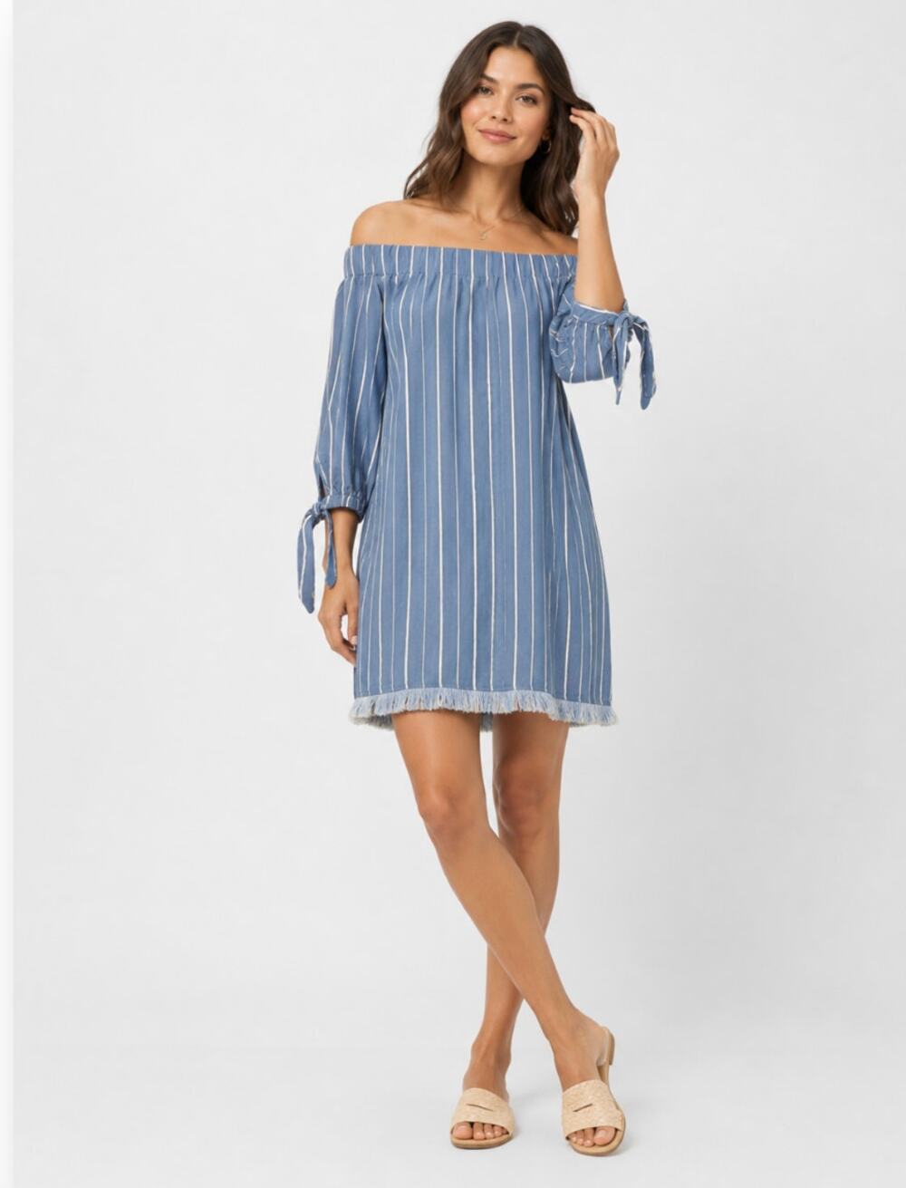 NWT Hot and Delicious Preppy Sailor Strip Off Shoulder Chambray Dress S Nautical